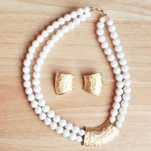 Asymmetrical 80's Neo Art Deco Boho Gold Tone White Bead Necklace Earring Set